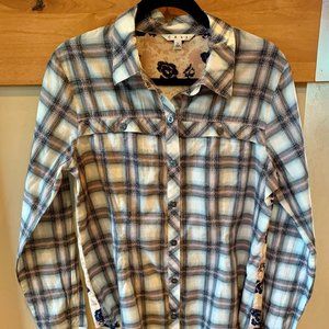 CAbi Festival Floral button-down blouse. Large